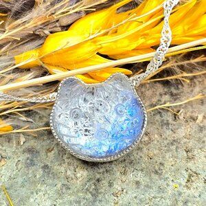 Rare Nature Blue Rutilated Crystal Hand Carved Kitty S925 Charm Necklace